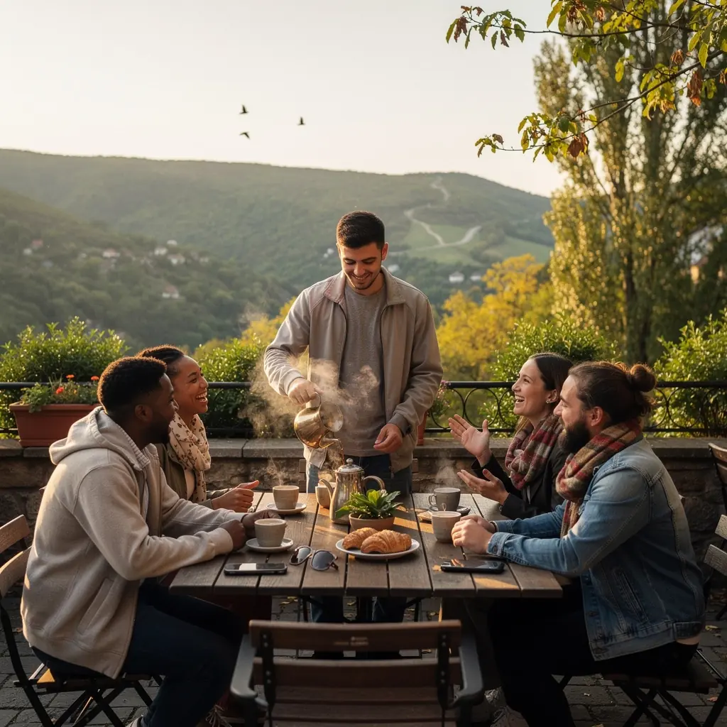 Egy csésze forró chai tea, gőzölögve, fahéjjal díszítve.