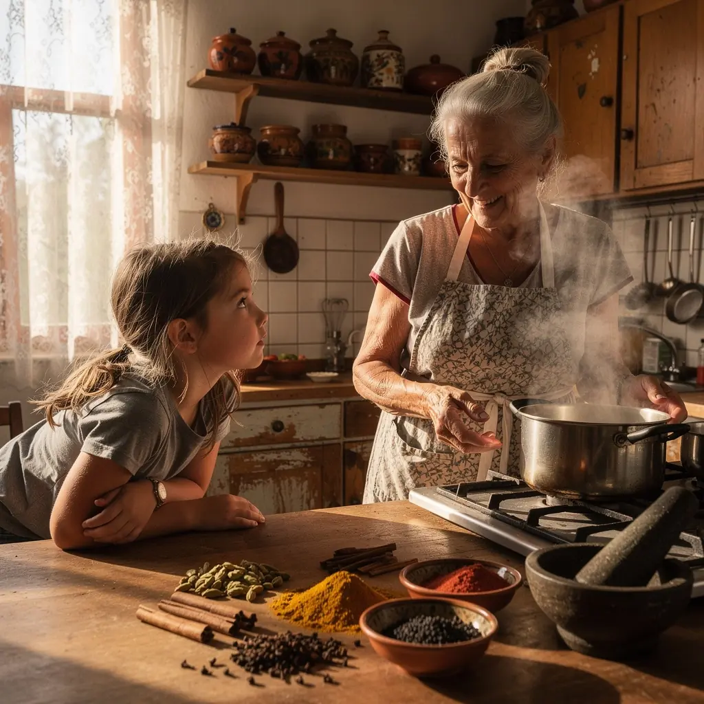 Fűszeres chai tea készítése közben, a fűszerek összeöntve egy edényben.